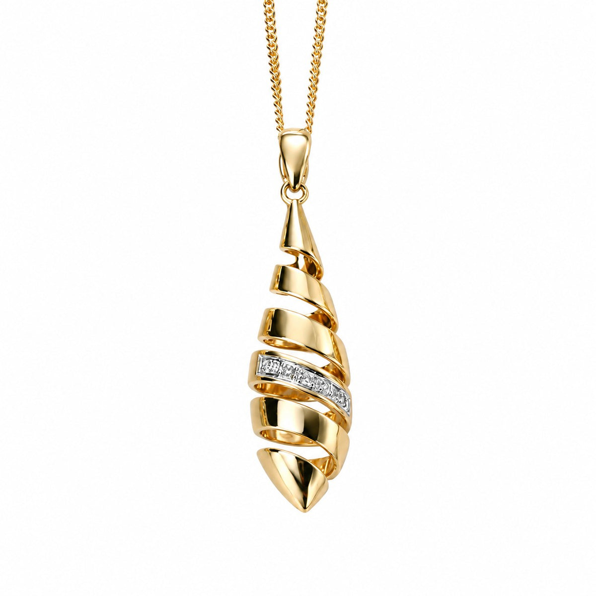 9ct Yellow Gold Spiral Diamond Drop Pendant & Chain