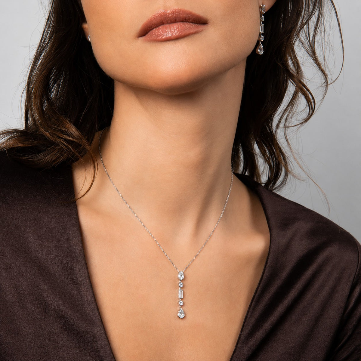 DIAMONFIRE Sterling Silver Triple Plated Elongated Multi Cut (Oval,Round, Baguette, Round, Pear) Cut