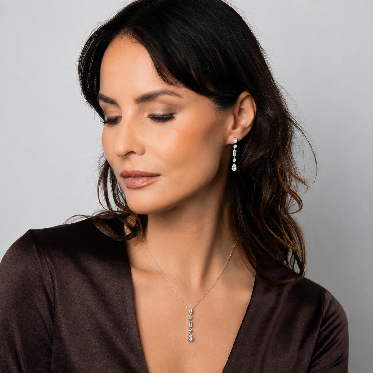 DIAMONFIRE Sterling Silver Triple Plated Elongated Multi Cut (Oval,Round, Baguette, Round, Pear) Cut