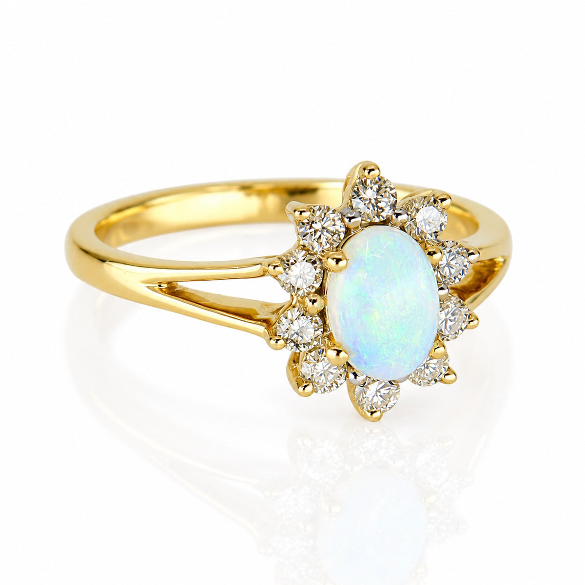 Pre-Owned 9ct Gold Oval Opal & Round Brilliant Cut Diamond Claw Set Cluster Ring