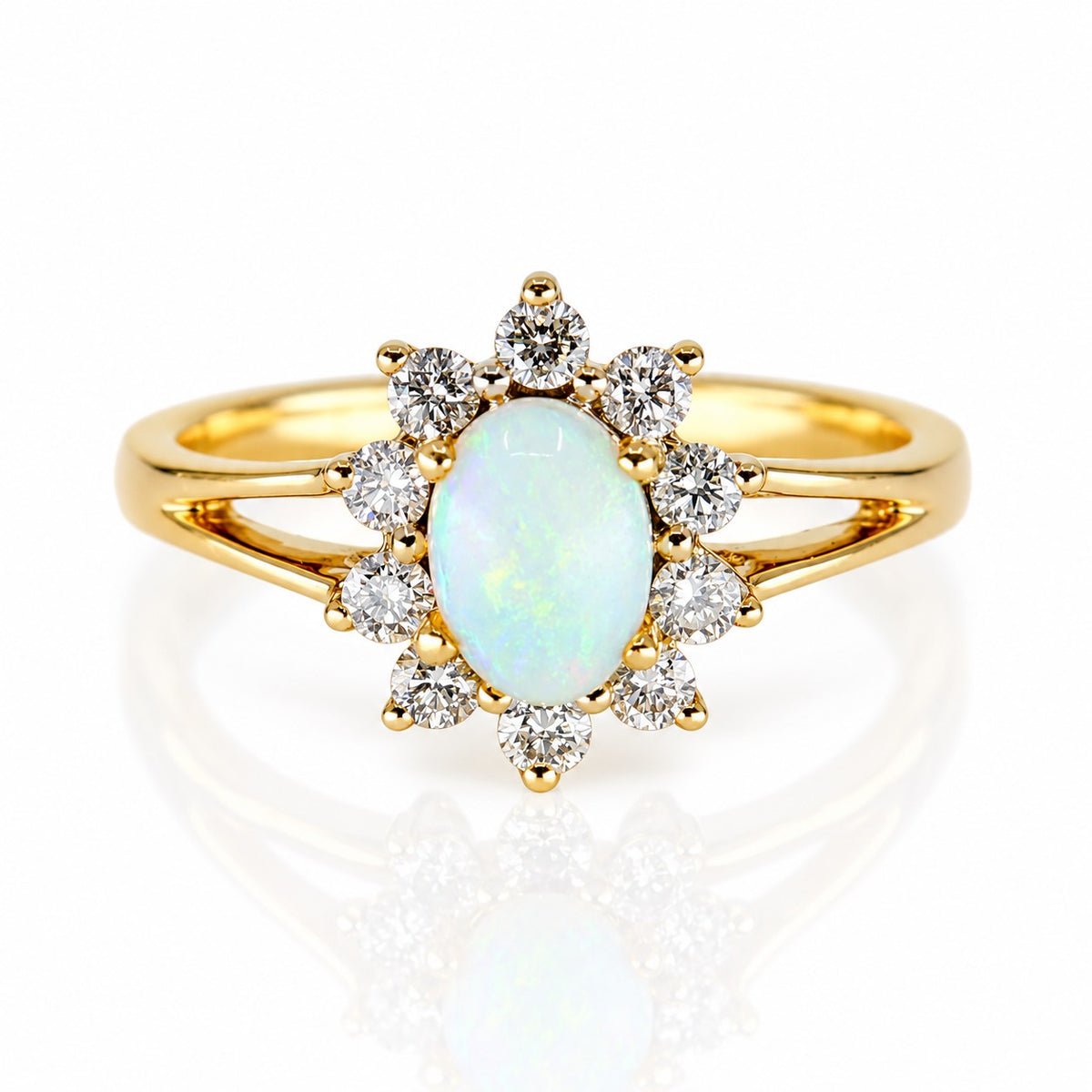 Pre-Owned 9ct Gold Oval Opal & Round Brilliant Cut Diamond Claw Set Cluster Ring
