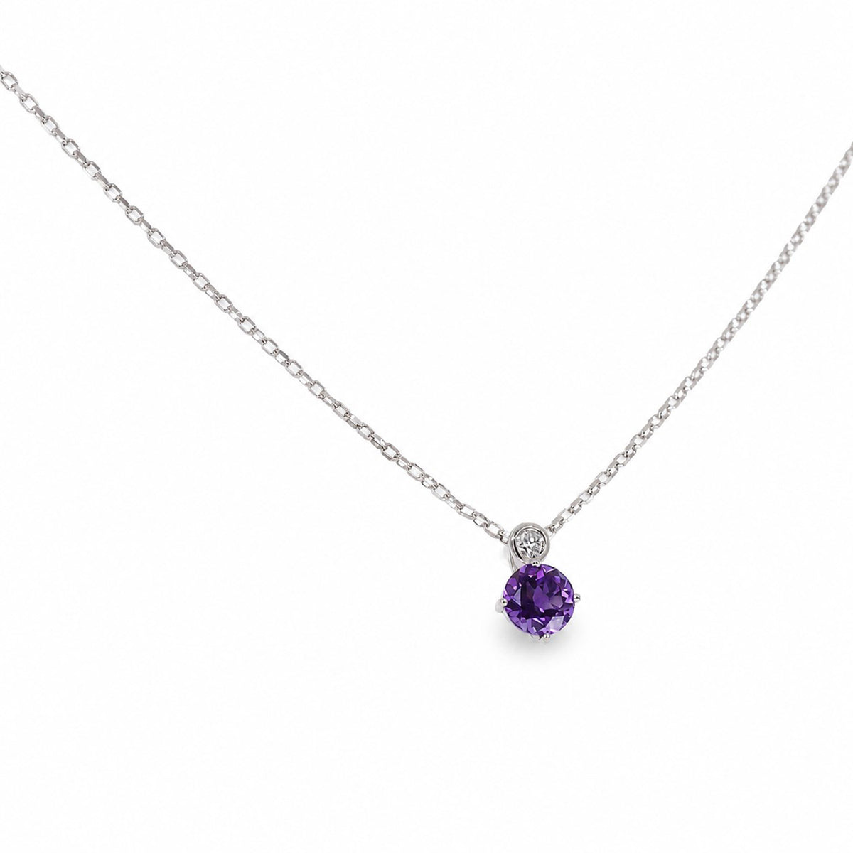 Pre-Owned 9ct White Gold Round Amethyst & Round Brilliant Cut Diamond Pendant on 16" Chain
