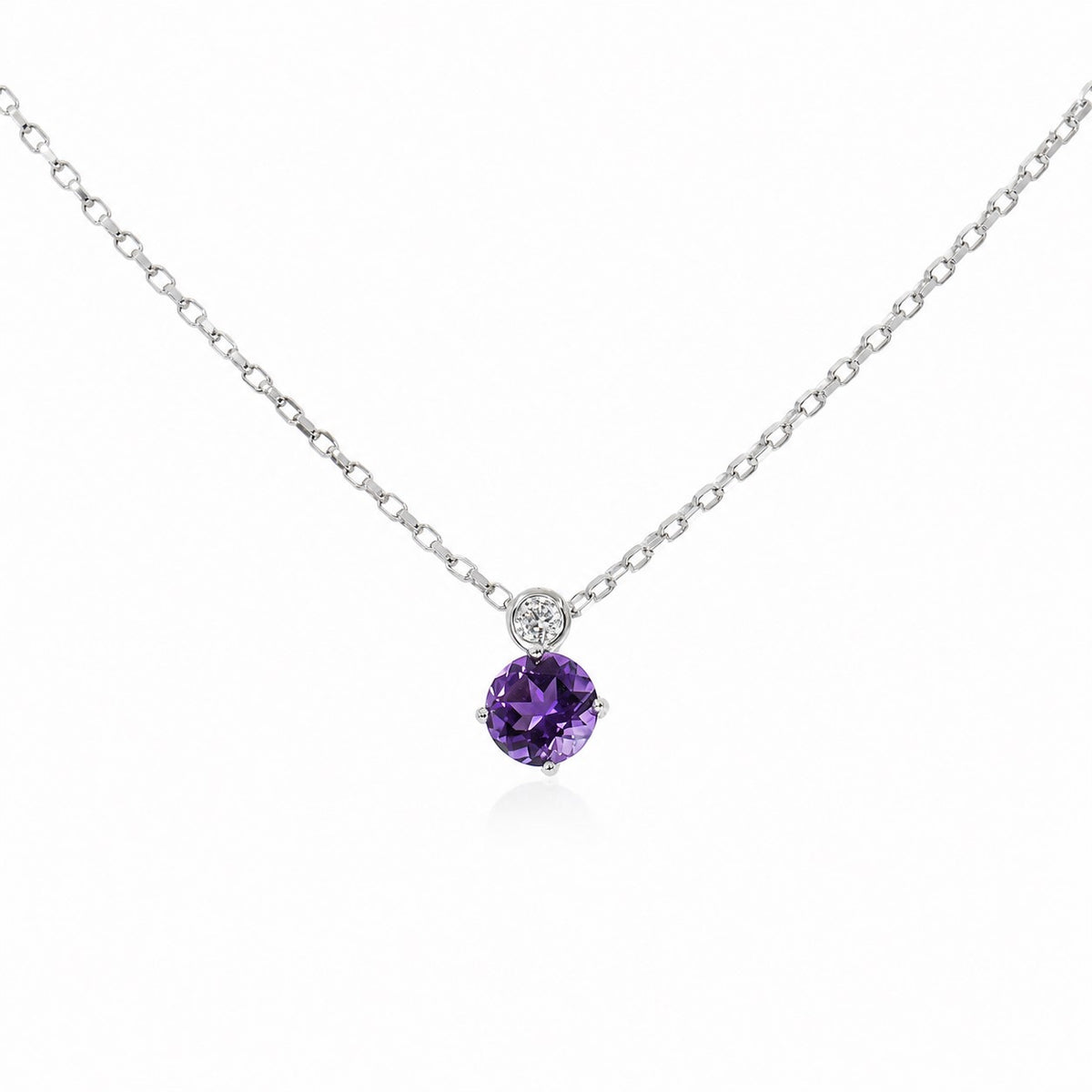 Pre-Owned 9ct White Gold Round Amethyst & Round Brilliant Cut Diamond Pendant on 16" Chain
