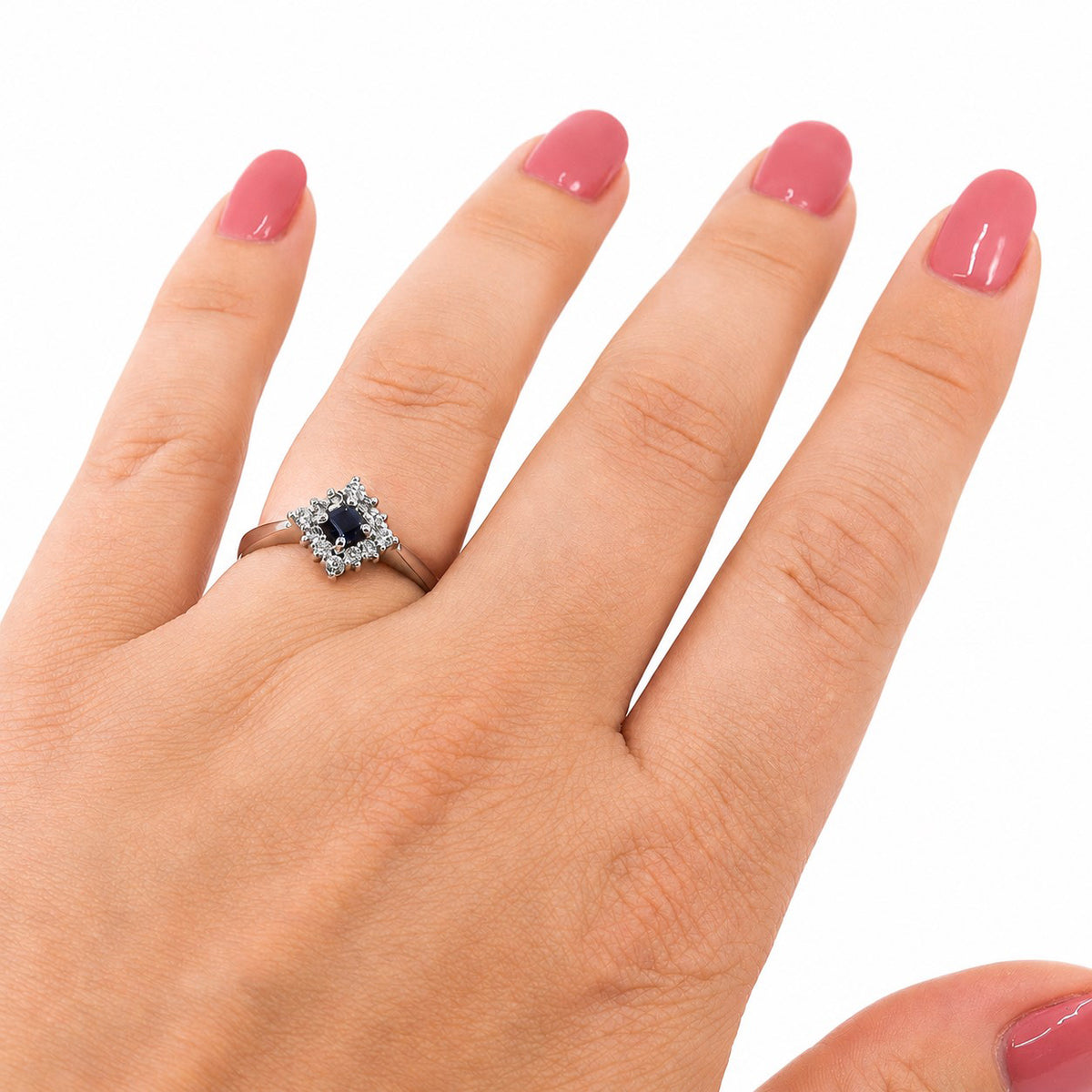 Pre-Owned 18ct White Gold Square Sapphire & Diamond Claw Set Cluster Ring