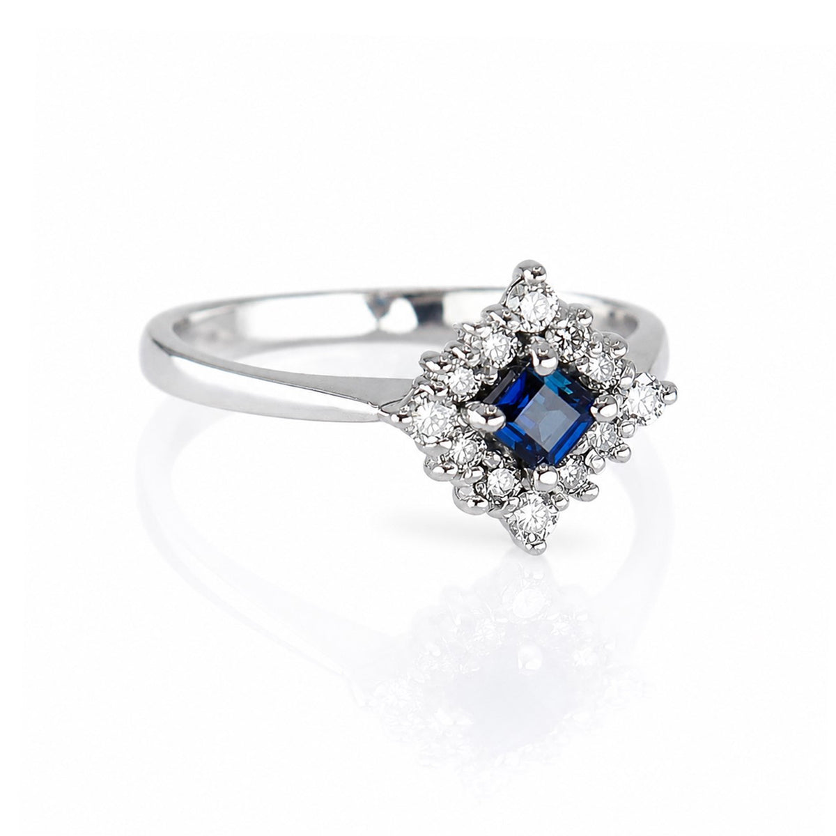Pre-Owned 18ct White Gold Square Sapphire & Diamond Claw Set Cluster Ring