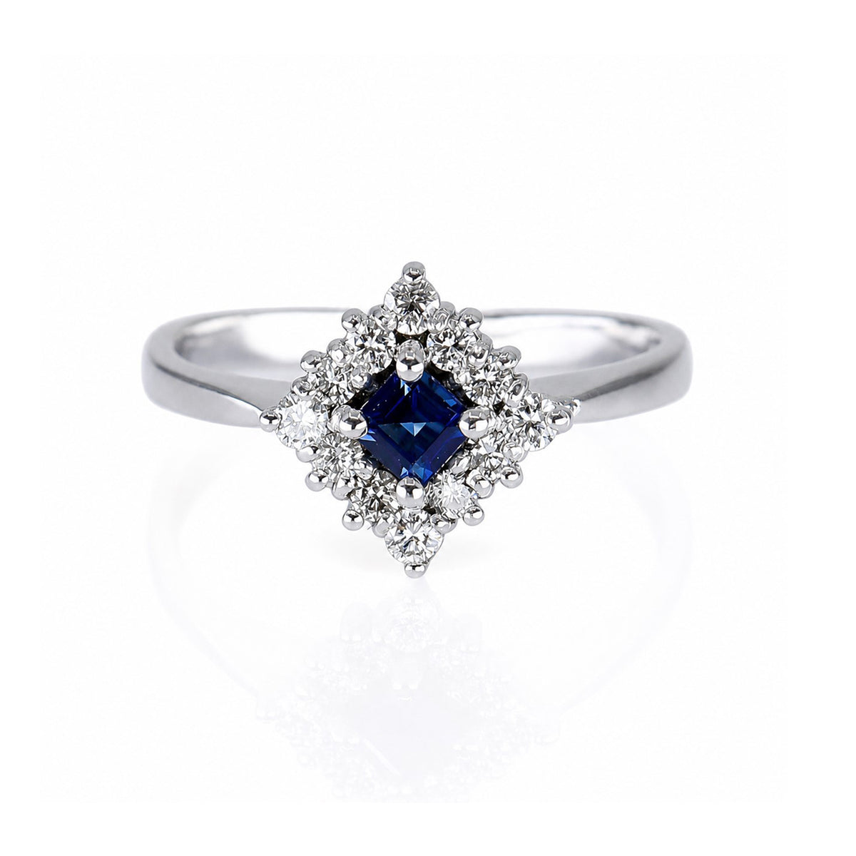 Pre-Owned 18ct White Gold Square Sapphire & Diamond Claw Set Cluster Ring