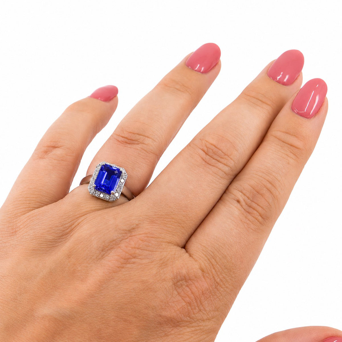 Pre-Owned 18ct White Gold Emerald Cut Tanzanite & Diamond Cluster Ring