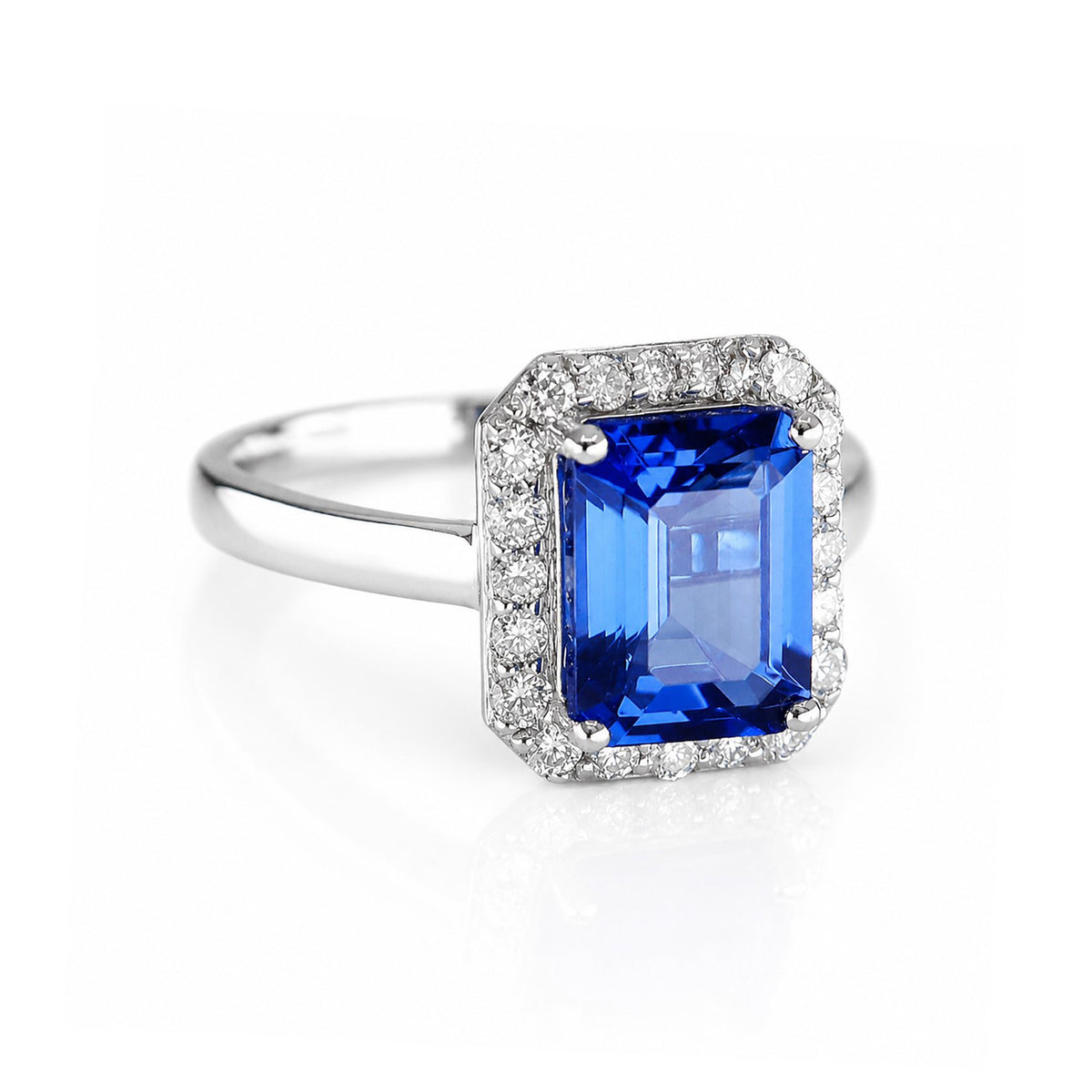 Pre-Owned 18ct White Gold Emerald Cut Tanzanite & Diamond Cluster Ring