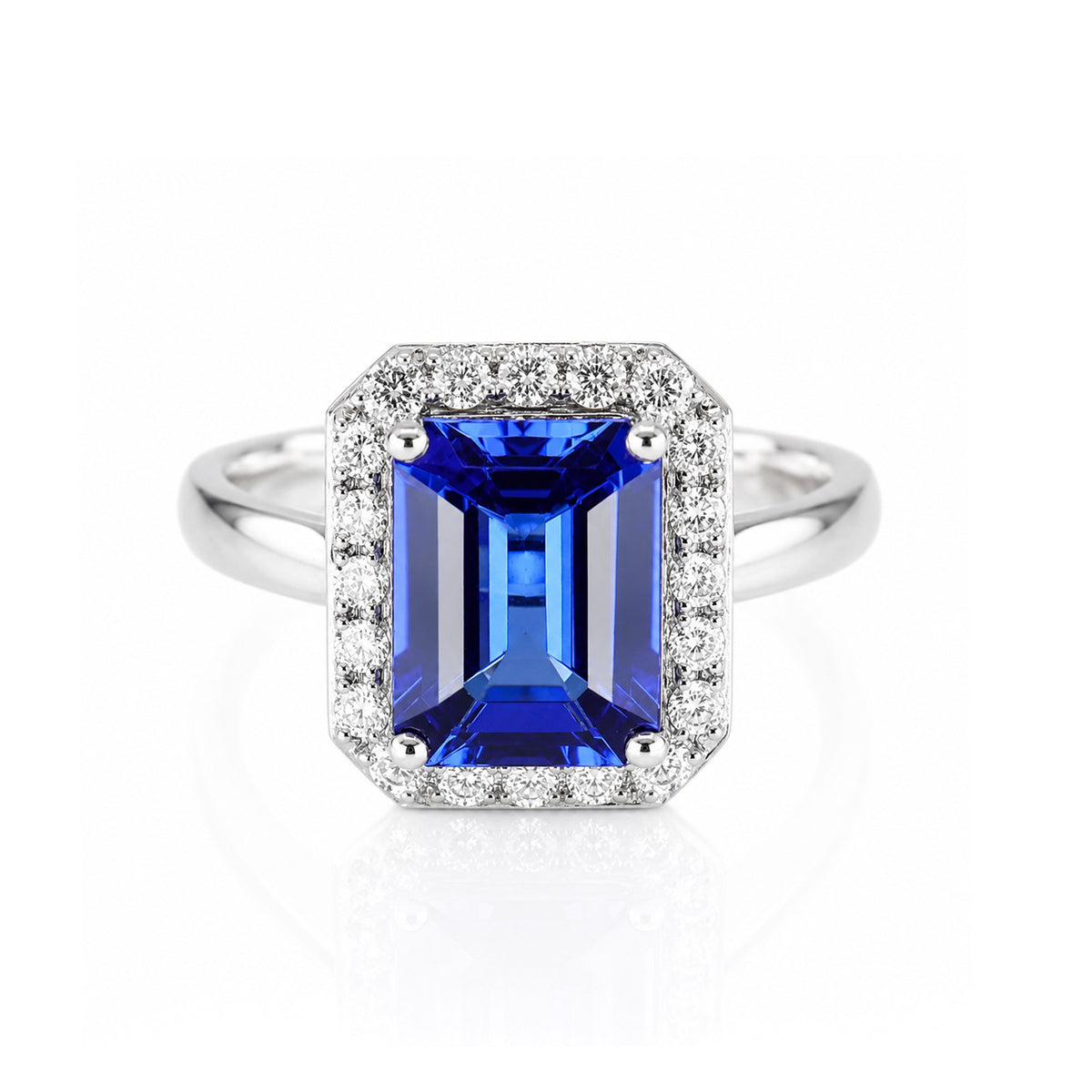 Pre-Owned 18ct White Gold Emerald Cut Tanzanite & Diamond Cluster Ring