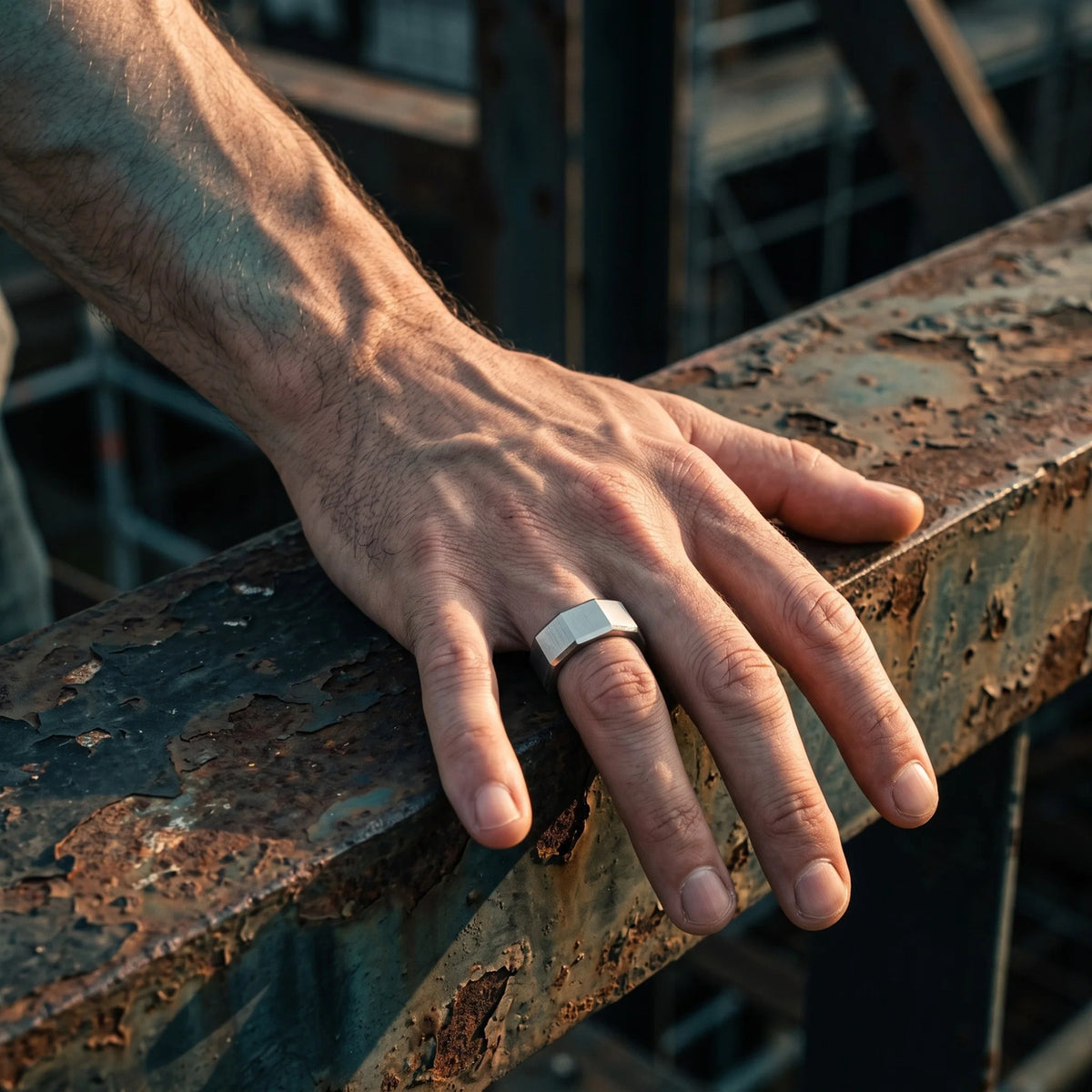 Steel & Barnett Stainless Steel Wide Facet Band - Large (Size V)