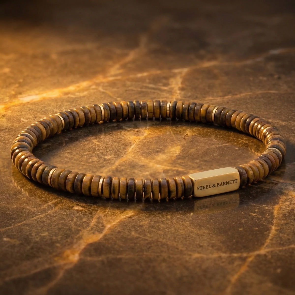 Steel & Barnett Two Tone Tiger Eye Gemstone Stretch Disc Bracelet with Plated 18K Gold - Large