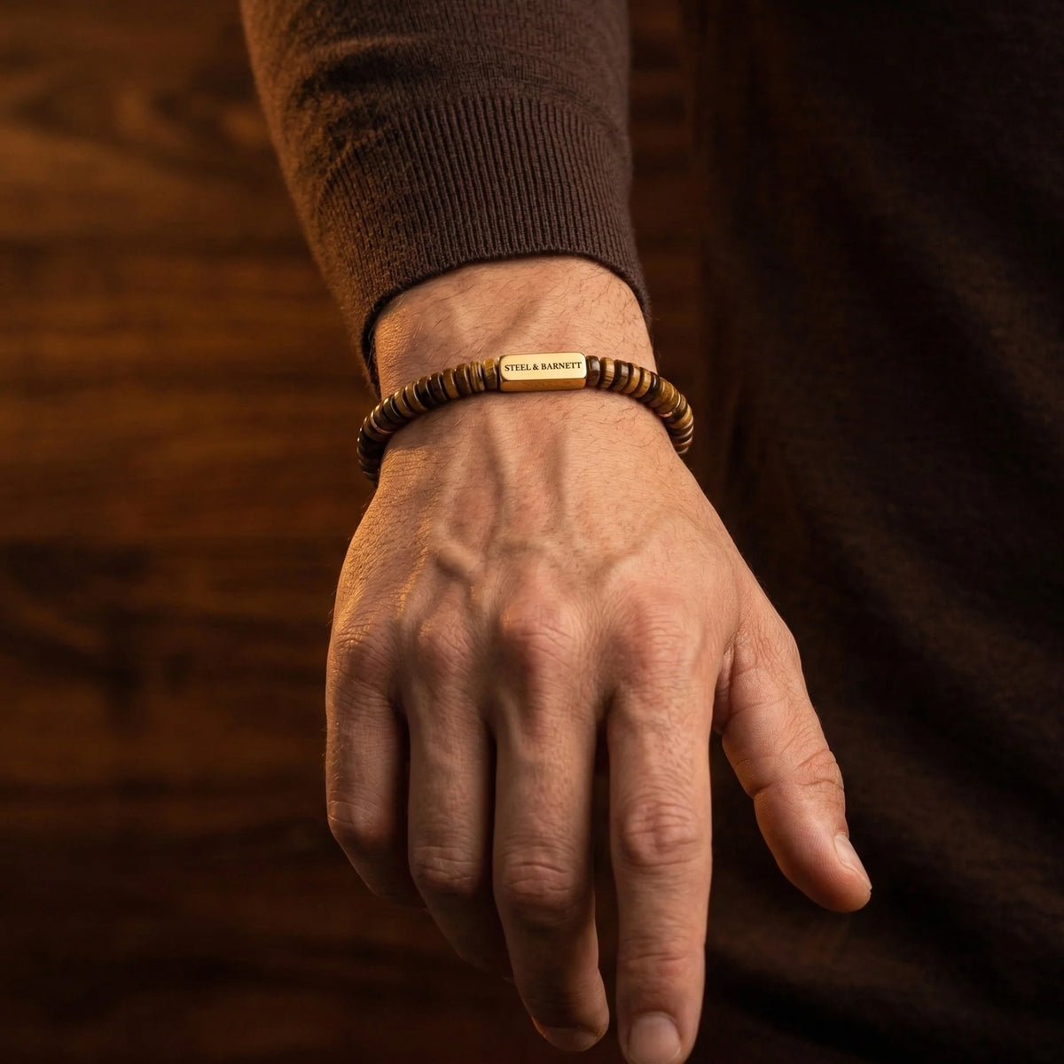 Steel & Barnett Two Tone Tiger Eye Gemstone Stretch Disc Bracelet with Plated 18K Gold - Large