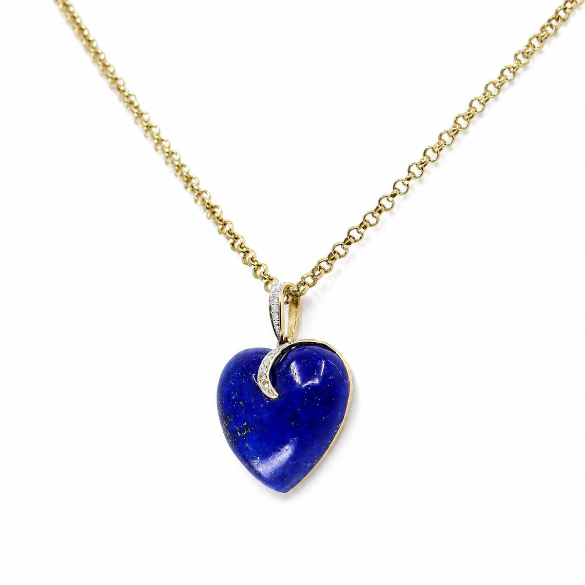 Pre-Owned 9ct Yellow Gold Lapis Lazuli & Diamond Heart Pendant on 20" Round Belcher Chain