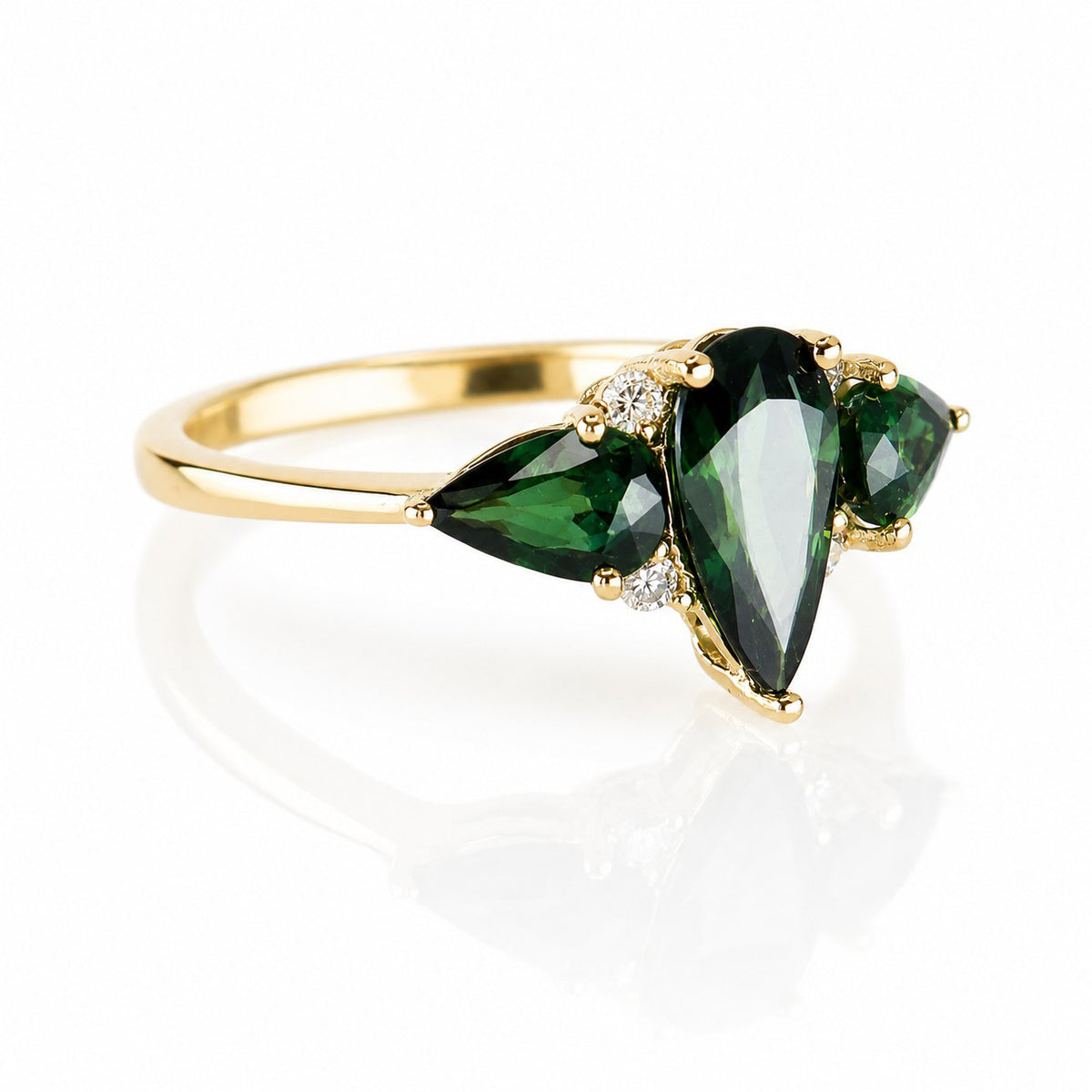 Pre-Owned 18ct Yellow Gold Pear Cut Green Sapphire Three Stone Ring with Diamond Accents