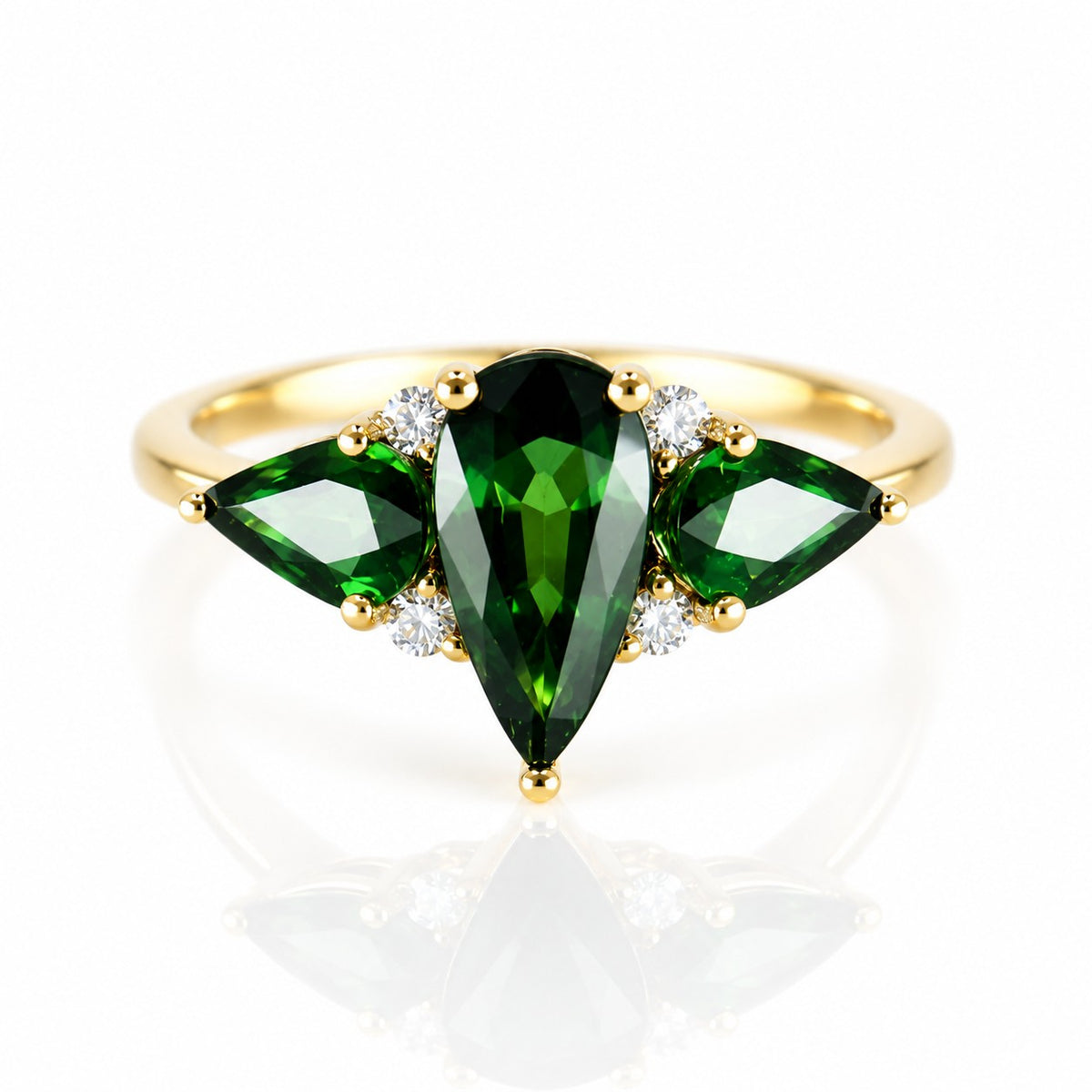Pre-Owned 18ct Yellow Gold Pear Cut Green Sapphire Three Stone Ring with Diamond Accents