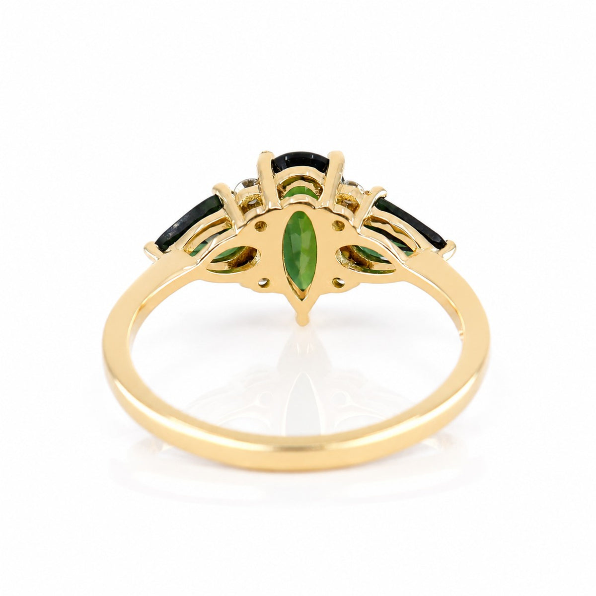 Pre-Owned 18ct Yellow Gold Pear Cut Green Sapphire Three Stone Ring with Diamond Accents