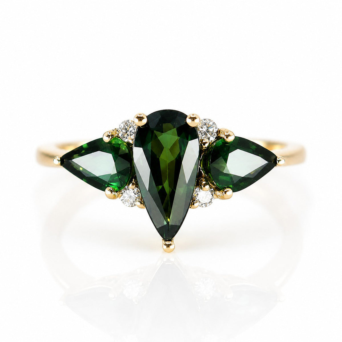 Pre-Owned 18ct Yellow Gold Pear Cut Green Sapphire Three Stone Ring with Diamond Accents