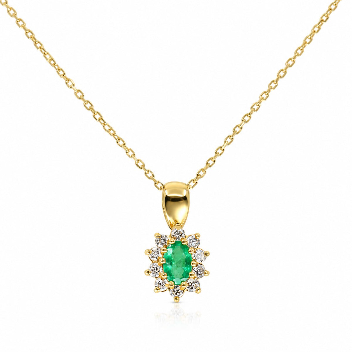 Pre-Owned 18ct Yellow Gold Oval Emerald & Round Brilliant Diamond Halo Pendant on 18" Trace Chain
