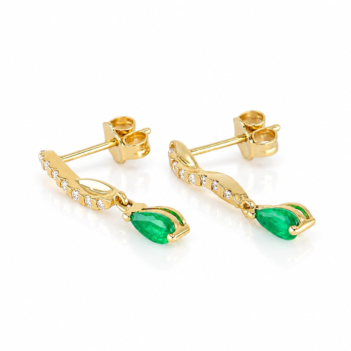 Pre-Owned 18ct Yellow Gold Emerald & Diamond Wave Drop Stud Earrings