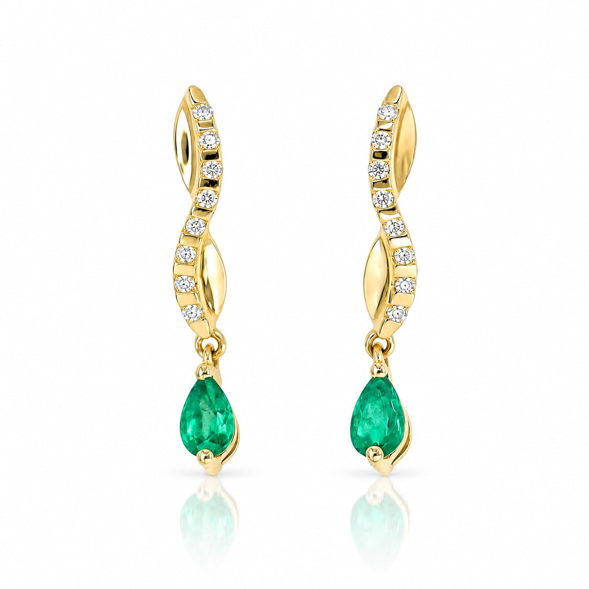 Pre-Owned 18ct Yellow Gold Emerald & Diamond Wave Drop Stud Earrings