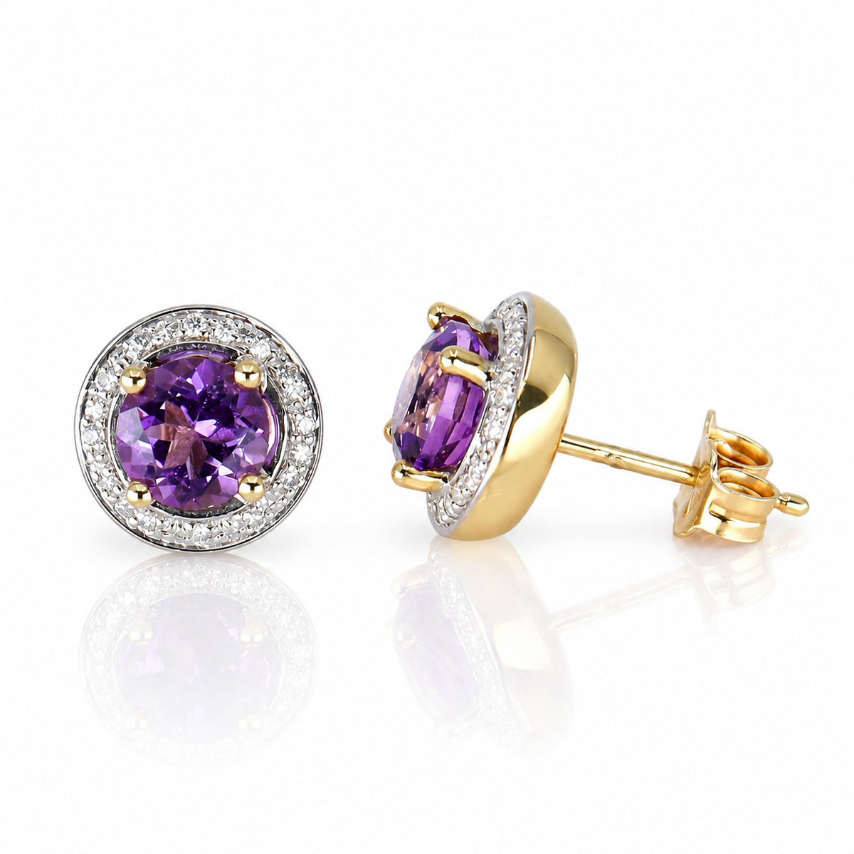 Pre-Owned 9ct Yellow Gold Amethyst & Diamond Halo Stud Earrings