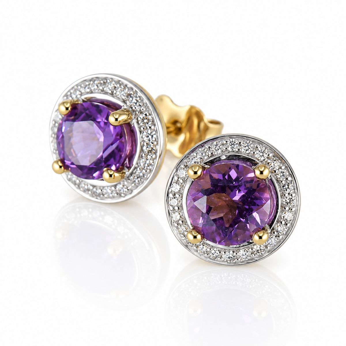 Pre-Owned 9ct Yellow Gold Amethyst & Diamond Halo Stud Earrings