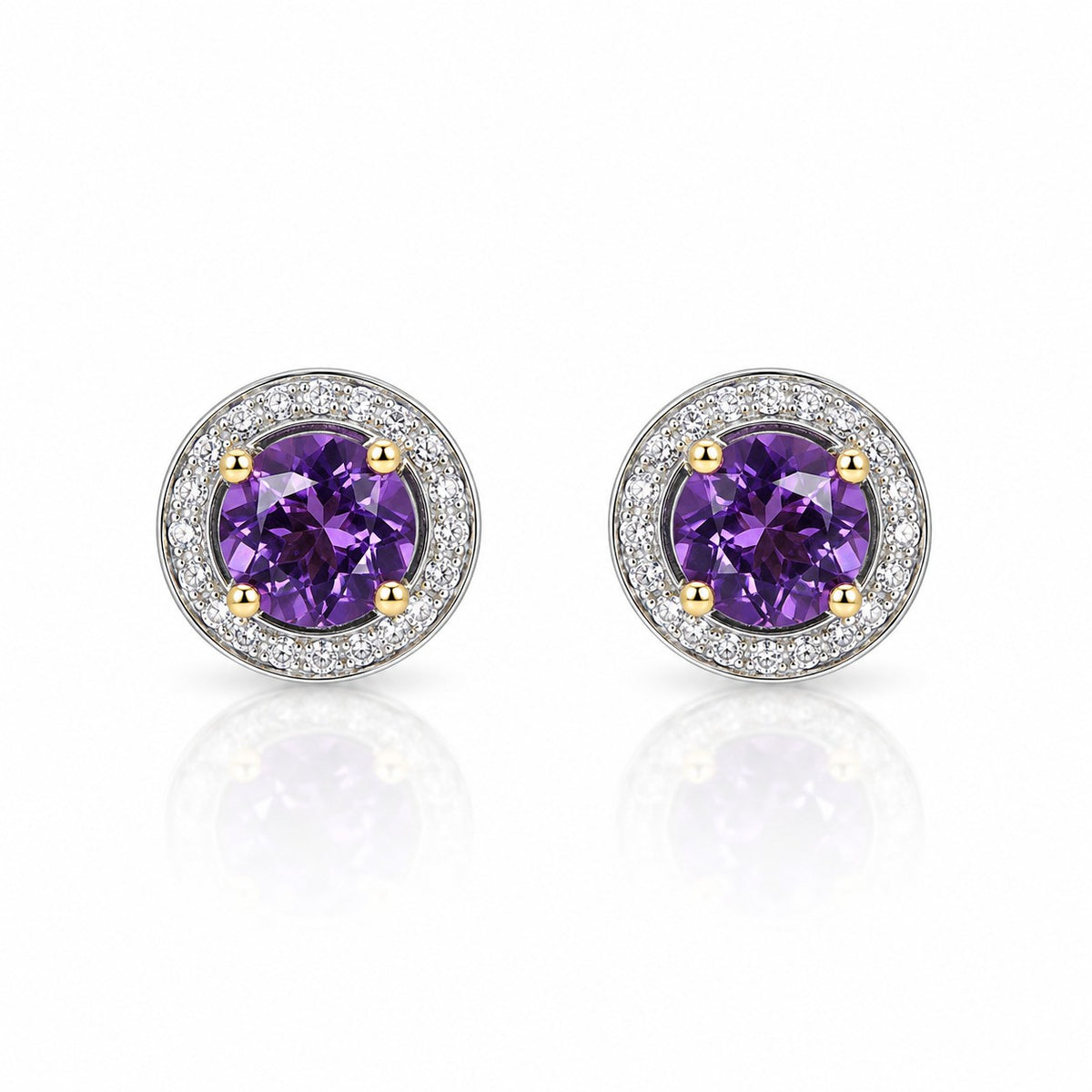 Pre-Owned 9ct Yellow Gold Amethyst & Diamond Halo Stud Earrings