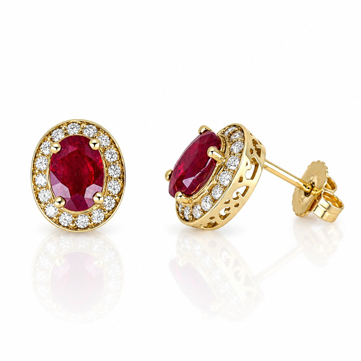 Pre-Owned 9ct Yellow Gold Oval Ruby & Diamond Halo Stud Earrings