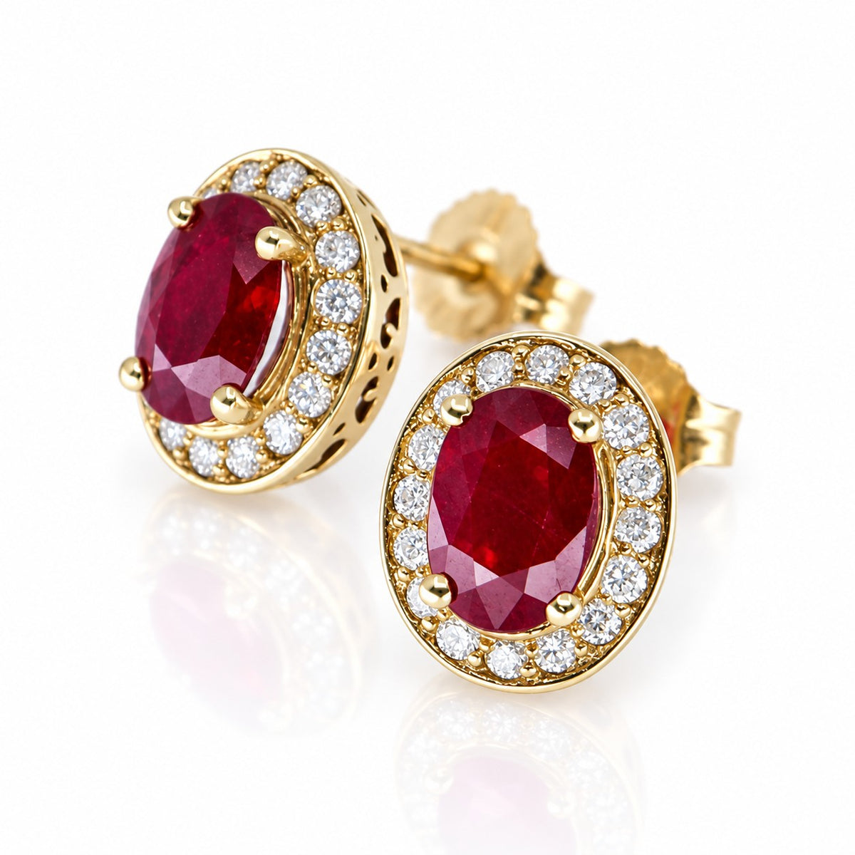 Pre-Owned 9ct Yellow Gold Oval Ruby & Diamond Halo Stud Earrings