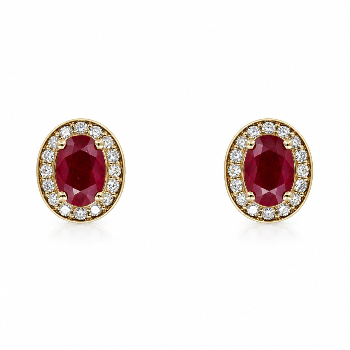 Pre-Owned 9ct Yellow Gold Oval Ruby & Diamond Halo Stud Earrings
