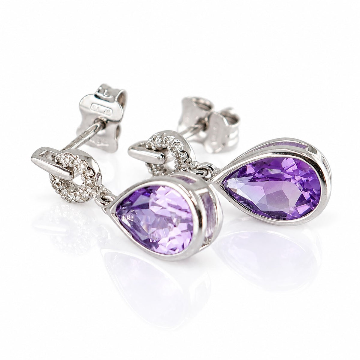 Pre-Owned 9ct White Gold Rubset Pear Amethyst with Diamond Open Circle Drop Earrings