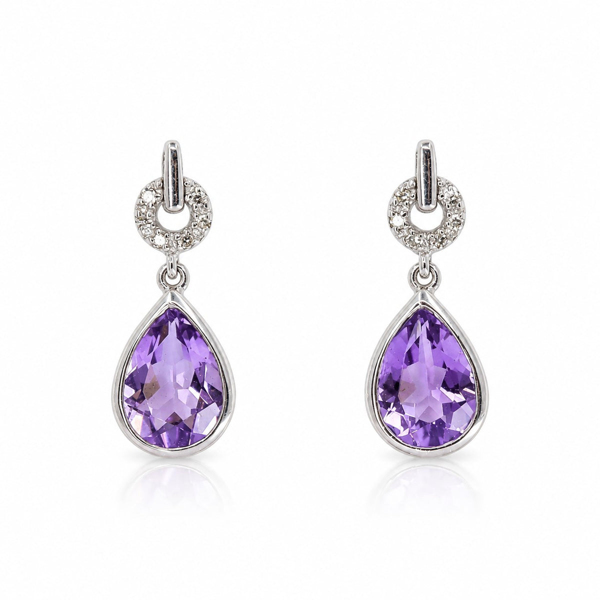 Pre-Owned 9ct White Gold Rubset Pear Amethyst with Diamond Open Circle Drop Earrings