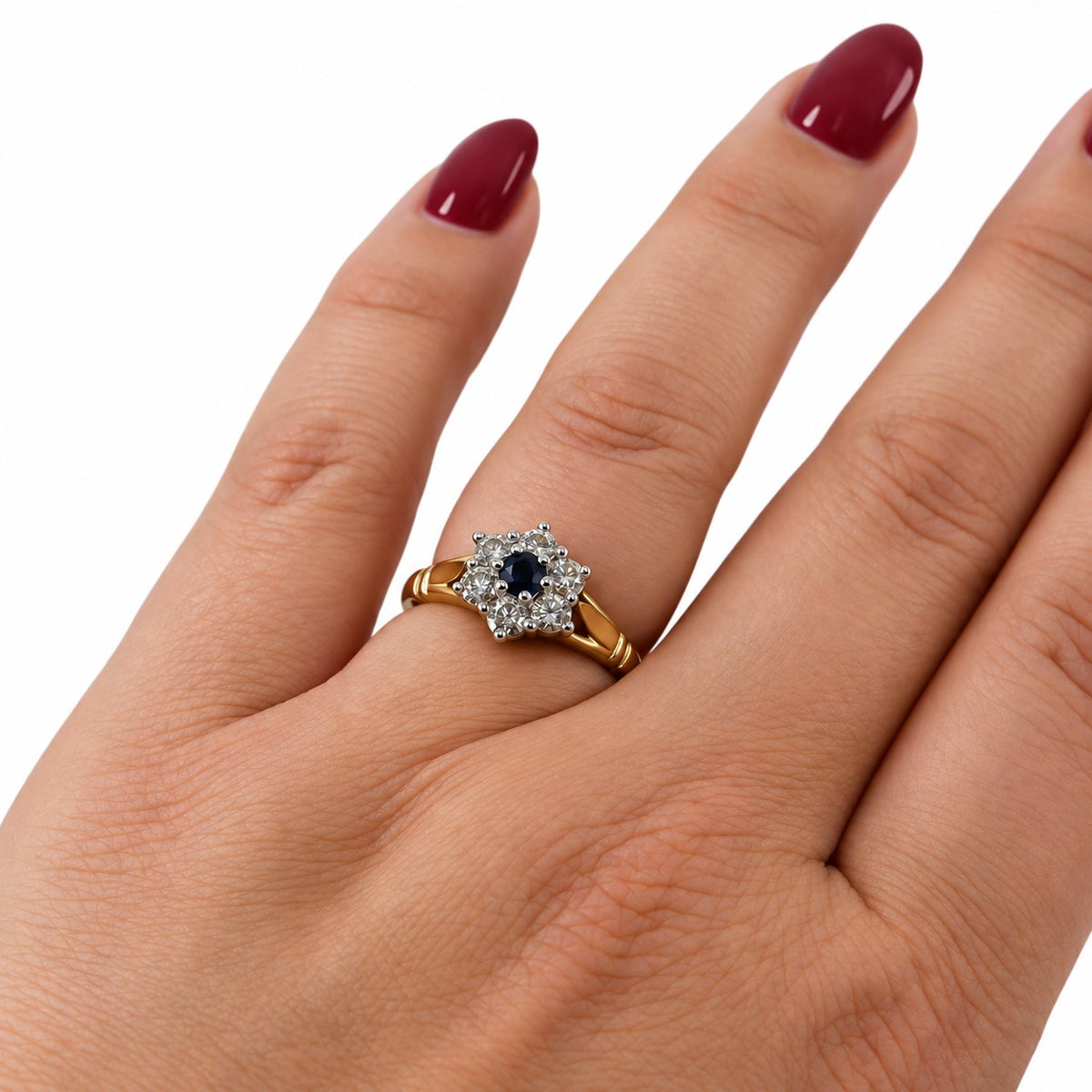 Pre-Owned 9ct Yellow Gold Sapphire & Diamond Flower Cluster Ring