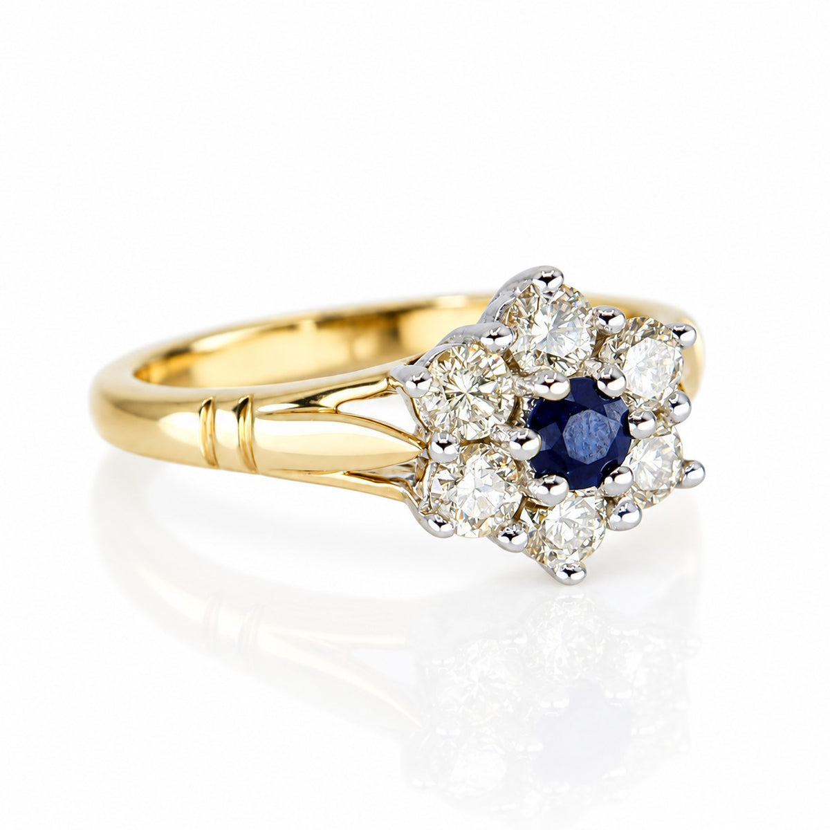 Pre-Owned 9ct Yellow Gold Sapphire & Diamond Flower Cluster Ring