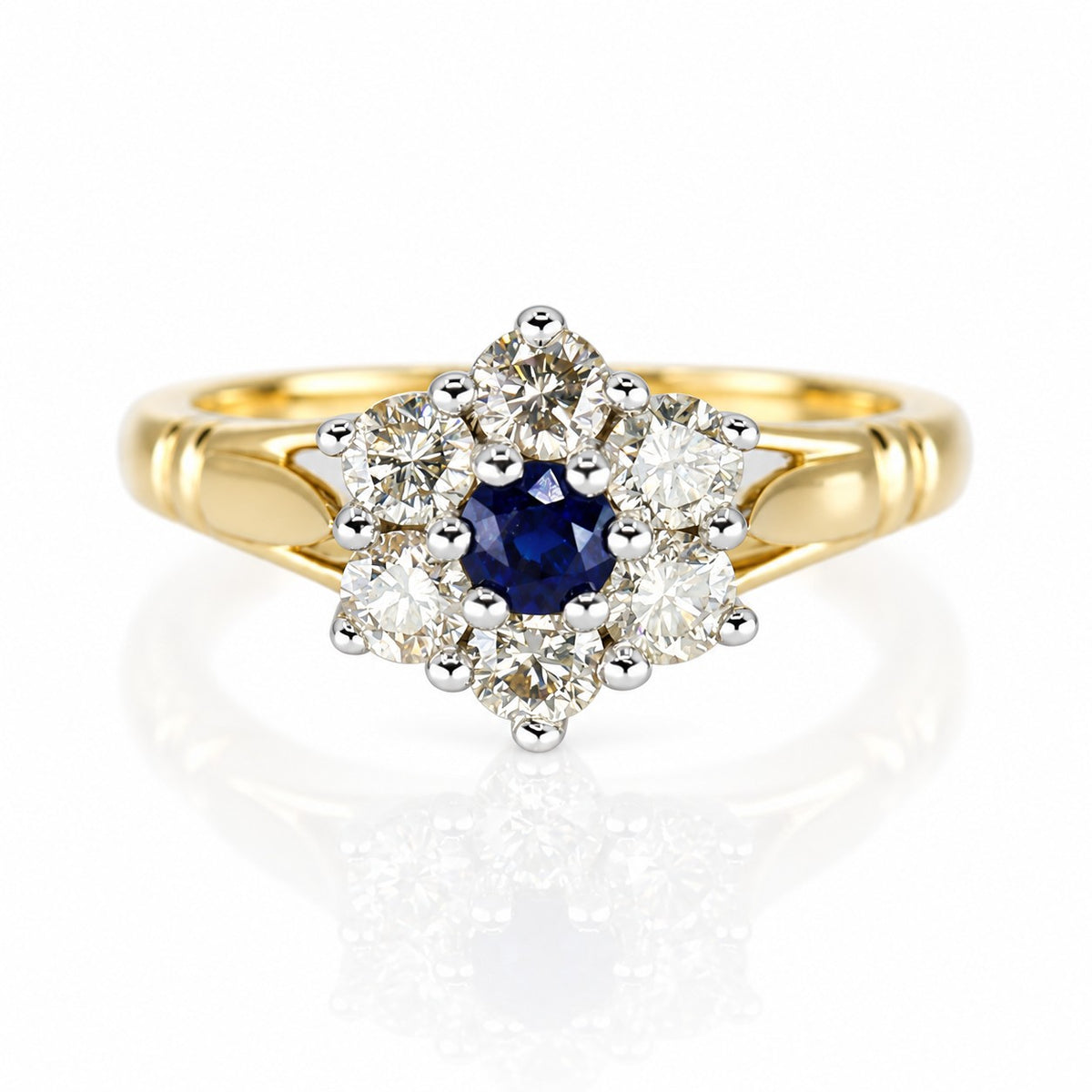 Pre-Owned 9ct Yellow Gold Sapphire & Diamond Flower Cluster Ring