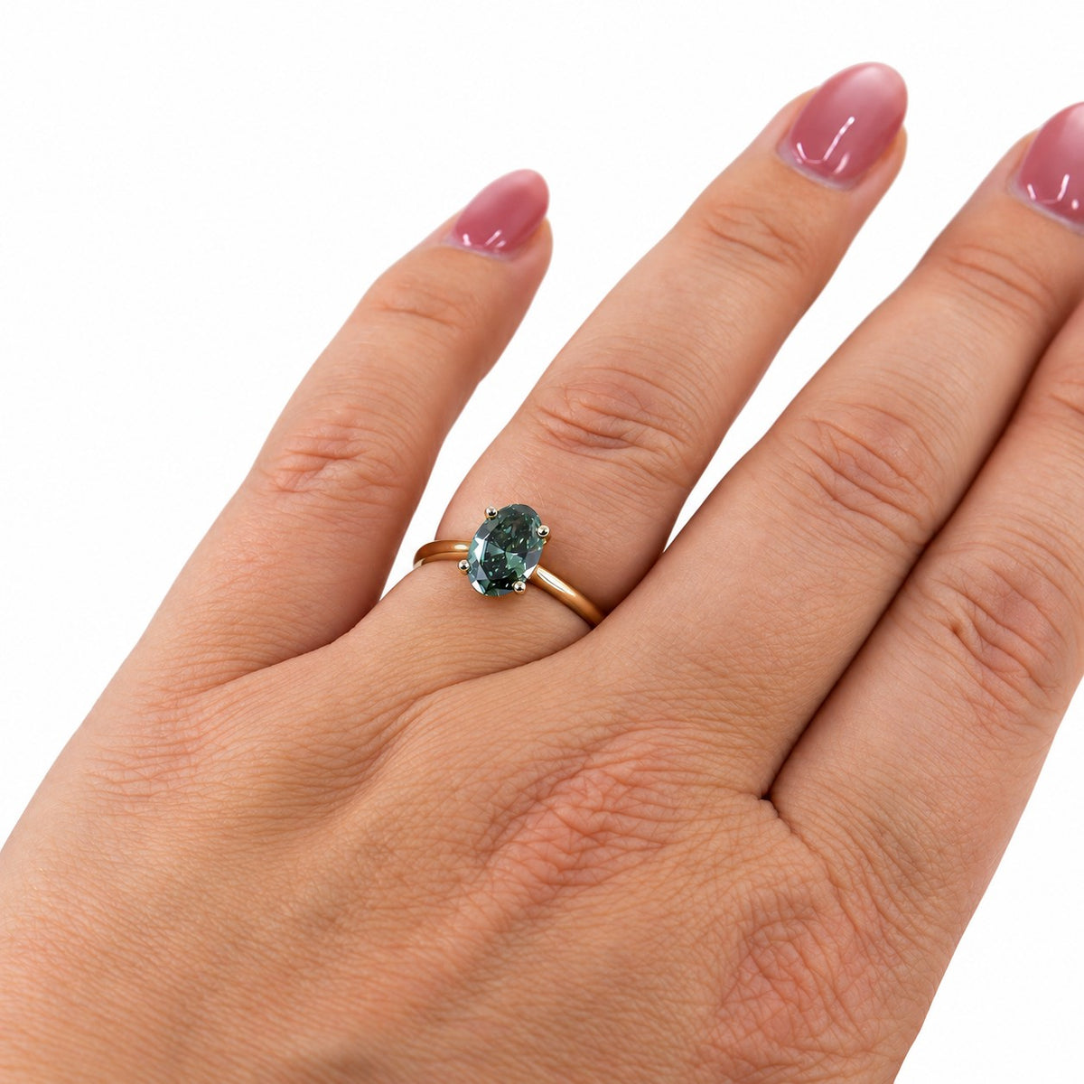 9ct Yellow Gold 1.50ct Green Lab Grown Diamond Certificated Oval Cut Solitaire Ring