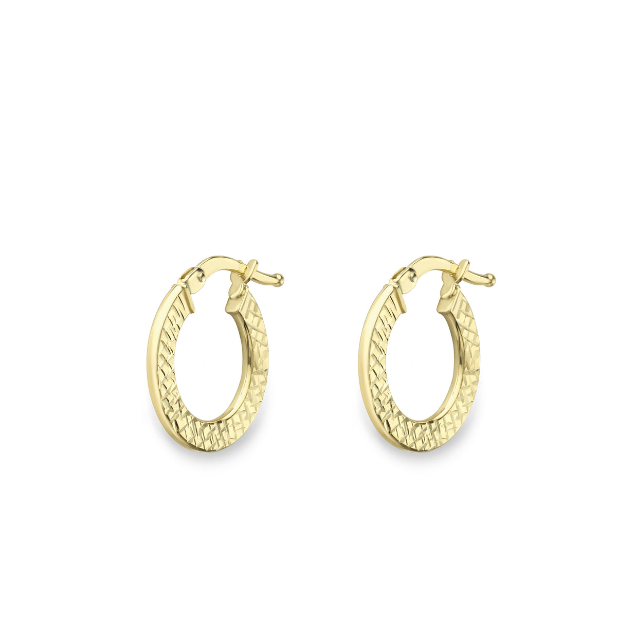 9ct Yellow Gold Flat Hoop earring with a Diamond cut pattern & a polished edge