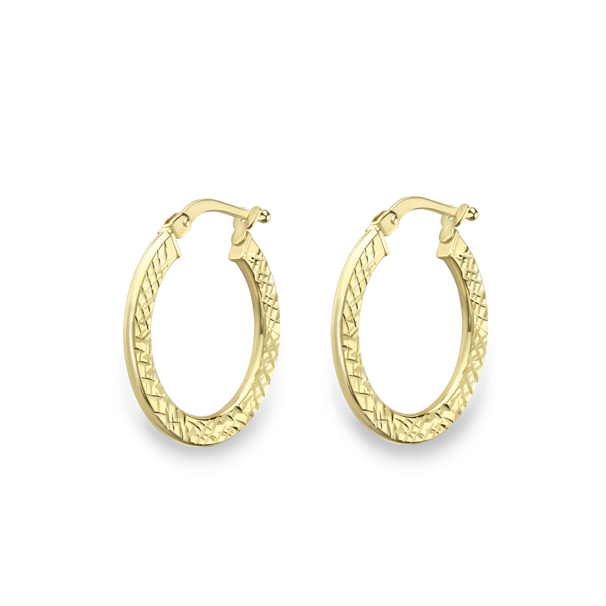 9ct Yellow Gold Flat Hoop earring with a Diamond cut pattern & a polished edge