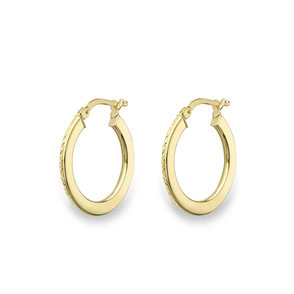 9ct Yellow Gold Polished Flat Hoop Earrings with a Diamond cut edge