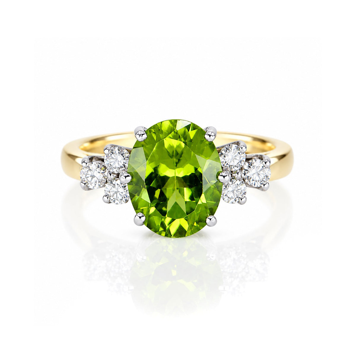 Pre-Owned 18ct Gold Oval Cut Peridot & Round Brilliant Diamond Claw Set Ring