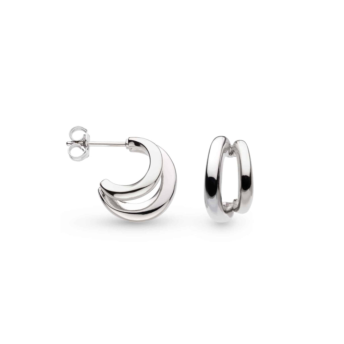 Kit Heath Sterling Silver Bevel Cirque Link Double Semi Hoop Stud Earrings. Rhodium Plated