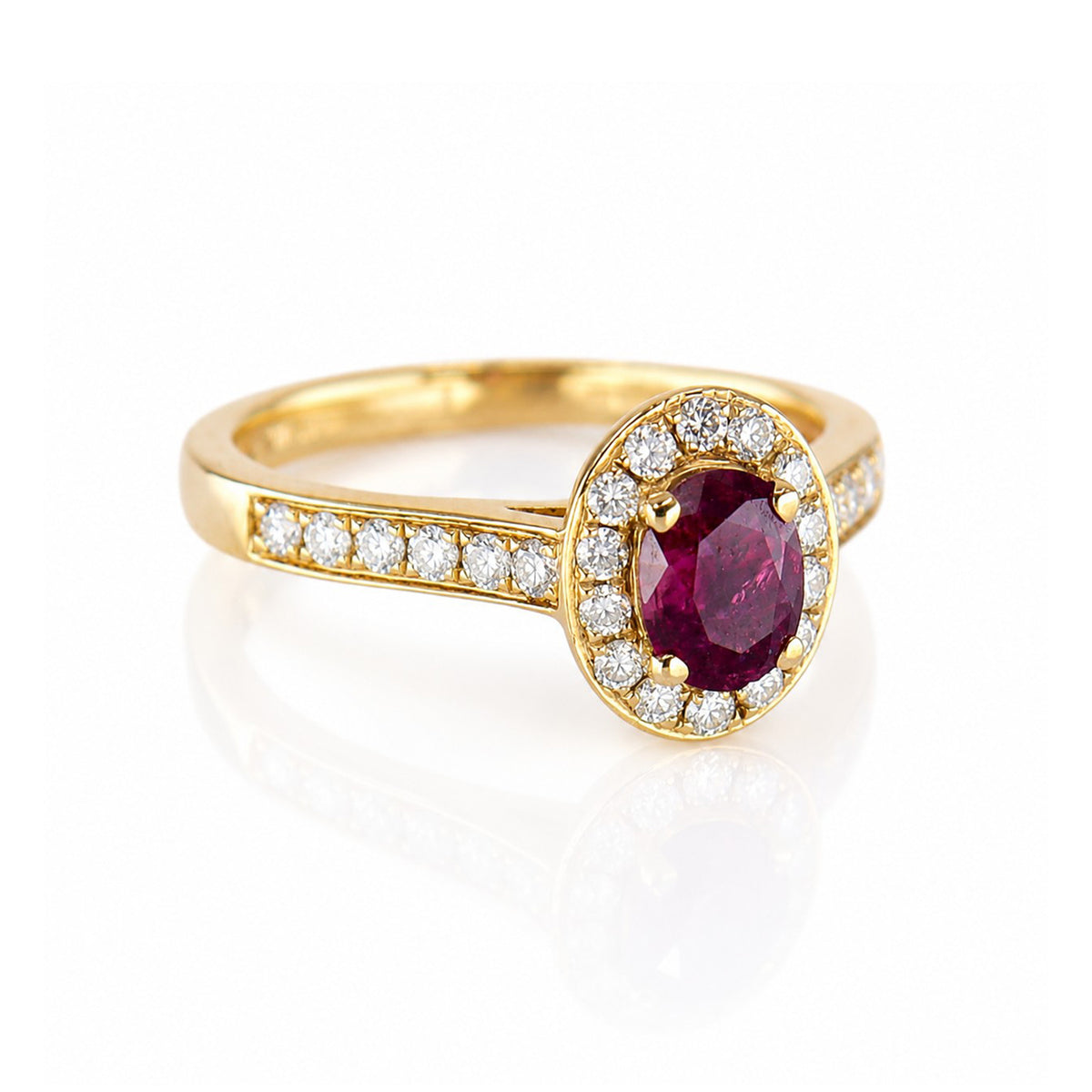 18ct Gold Ruby (0.50ct) & Diamond (0.35ct) Oval Halo Ring With Accent Shoulders