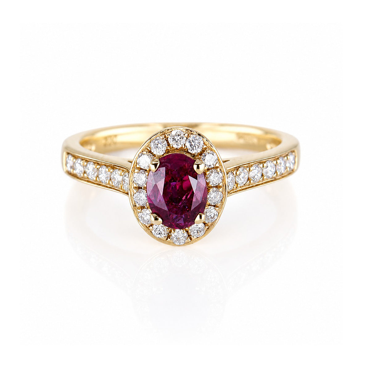 18ct Gold Ruby (0.50ct) & Diamond (0.35ct) Oval Halo Ring With Accent Shoulders