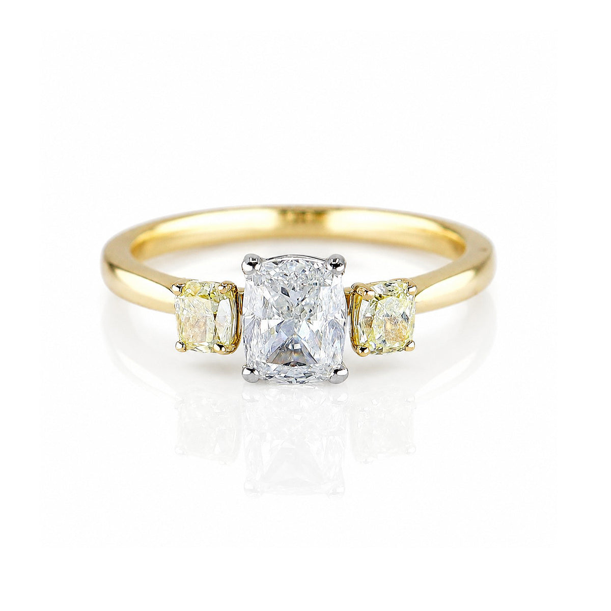 18ct Yellow Gold & Platinum 1.39ct Cushion Cut White & Yellow Diamond Trilogy Ring