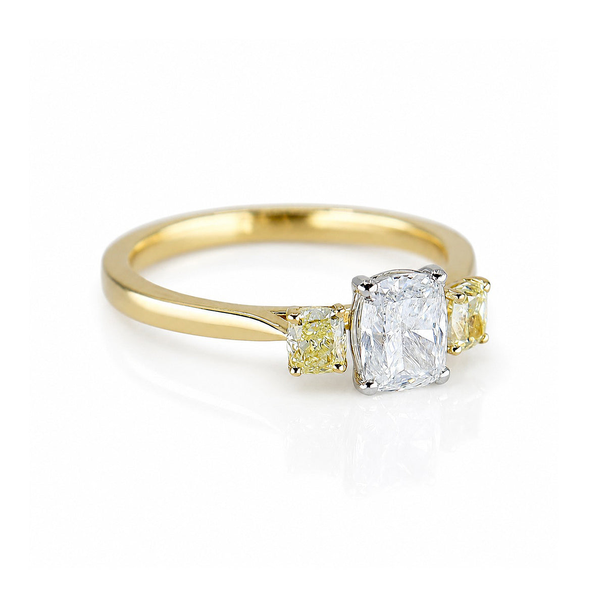 18ct Yellow Gold & Platinum 1.39ct Cushion Cut White & Yellow Diamond Trilogy Ring