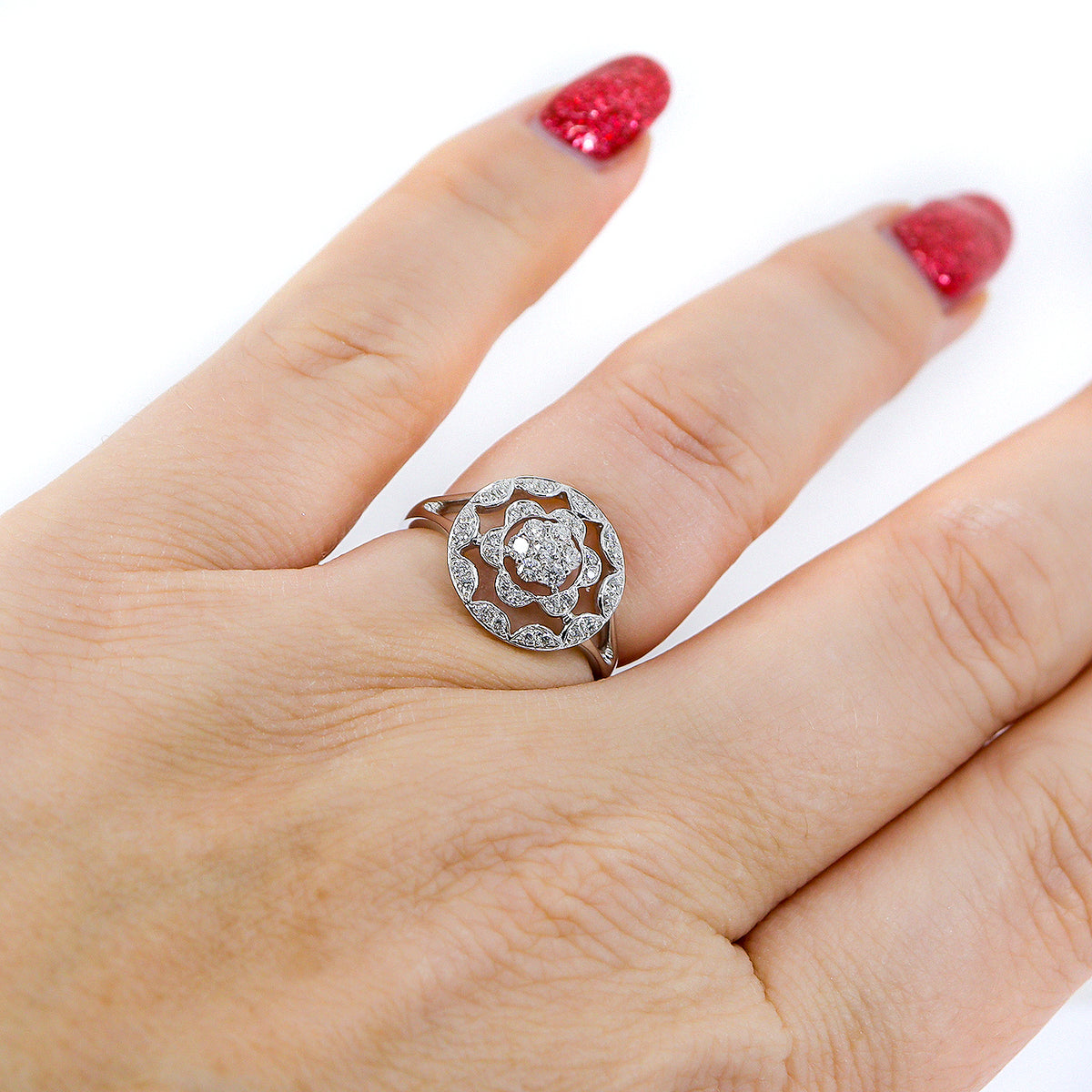 18ct White Gold 0.36ct Diamond Flower Cluster Open Circle Ring