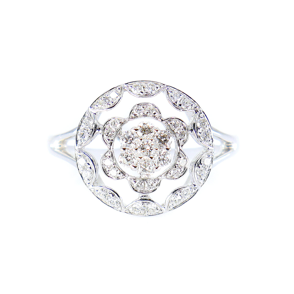 18ct White Gold 0.36ct Diamond Flower Cluster Open Circle Ring