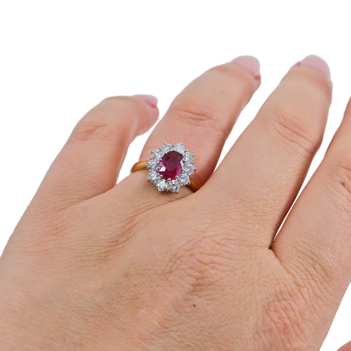 18ct Yellow Gold Oval Ruby & Diamond Cluster Ring