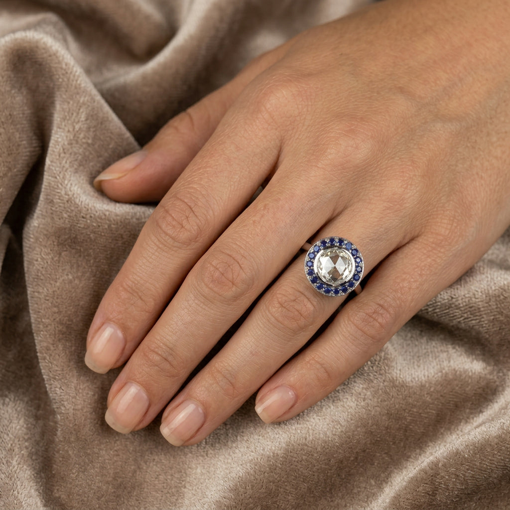 Pre-Owned Platinum Ap. 1.11ct Rose Cut Diamond & Sapphire Halo Ring