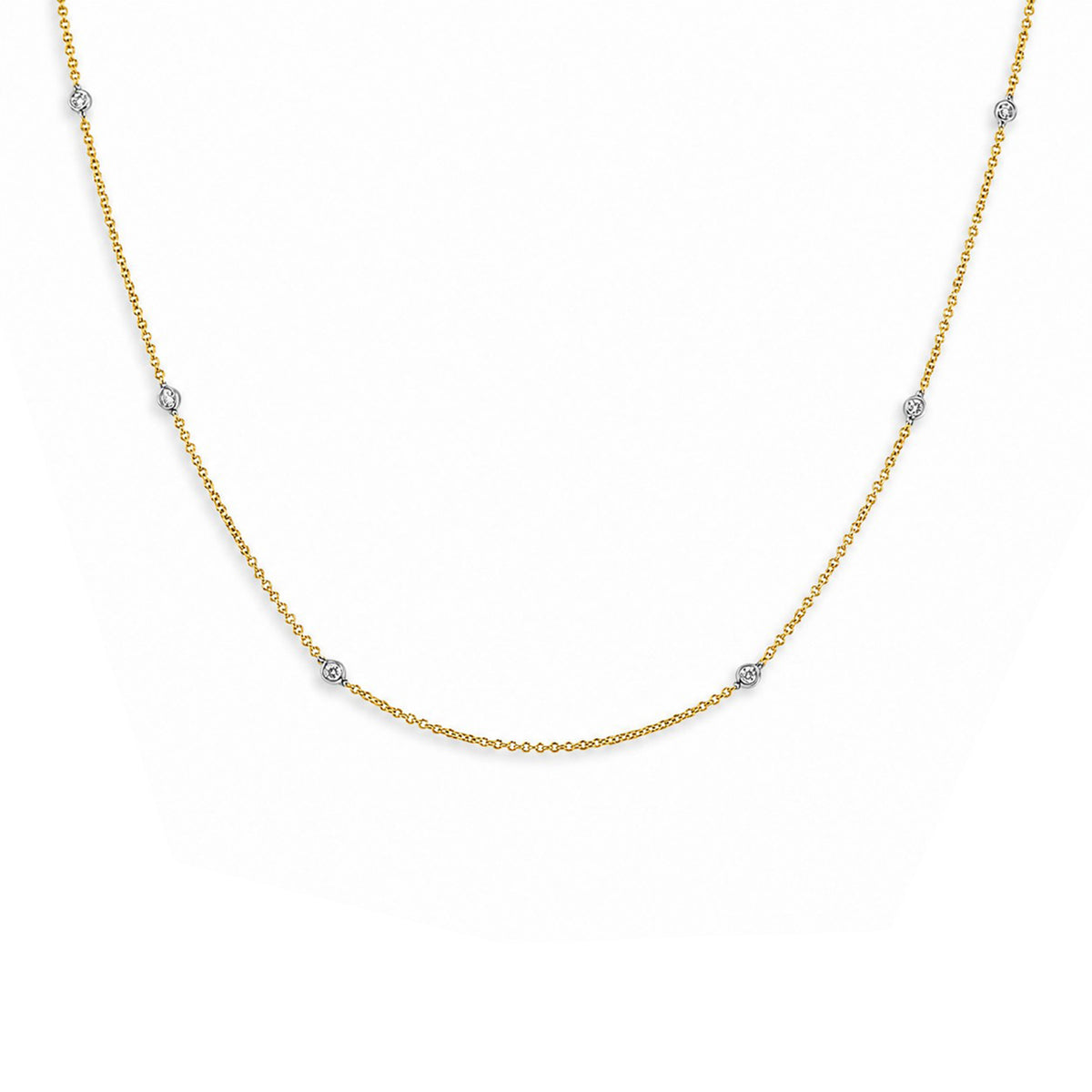 9ct Yellow & White Gold Rub Set Round Brilliant Cut Diamond 0.18ct Station Necklace 16"